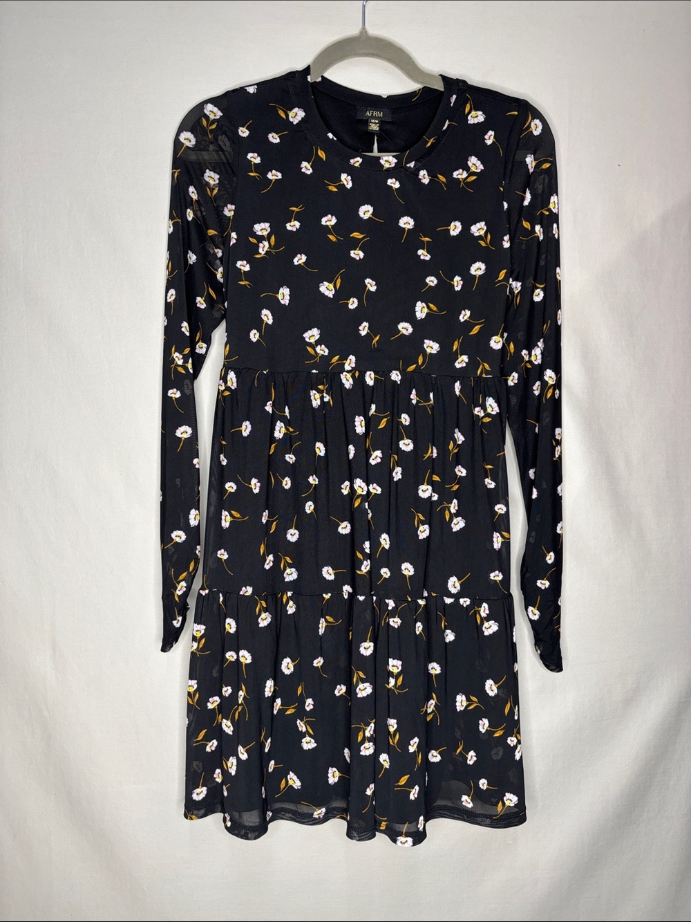 AFRM Black Long-Sleeve Tiered Dress with White & Mustard Floral Print